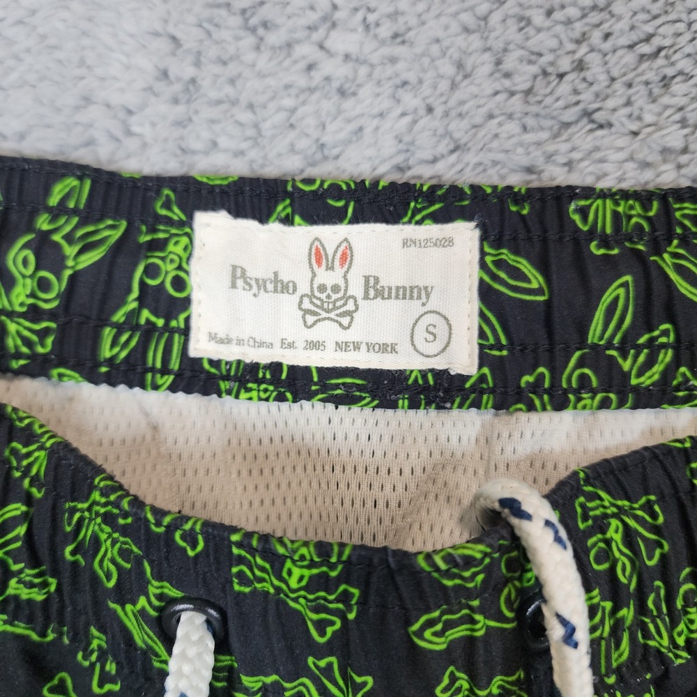 Psycho Bunny Swim Trunks Mens S Shorts Black Green Skull Bunny Logo 5" Inseam - Picture 2 of 10